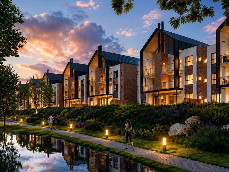 A scenic view of modern apartment buildings featuring brick and metal architecture, overlooking a landscaped garden, paved walkway, and water feature at dusk.