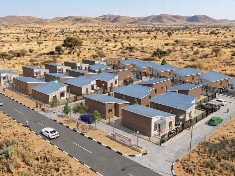 An aerial perspective of a modern residential housing development featuring multiple detached units, paved roads, and perimeter fencing in a desert landscape.