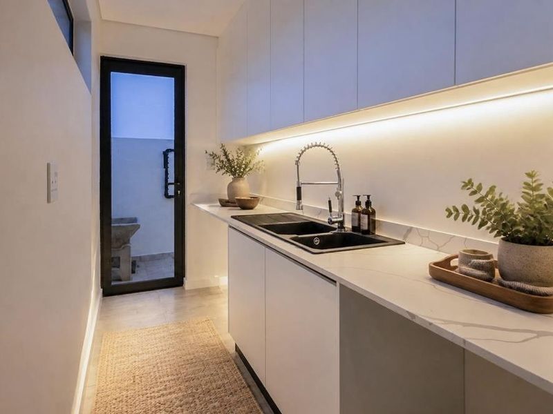 Modern scullery featuring sleek white cabinetry, stone countertops, a double basin sink with a gooseneck faucet, and integrated under-cabinet lighting.