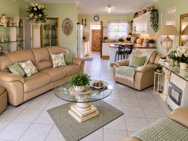 Open-plan living area featuring tiled flooring, a connected kitchen with breakfast counter, and a built-in gas heater, creating a functional and cohesive living space.