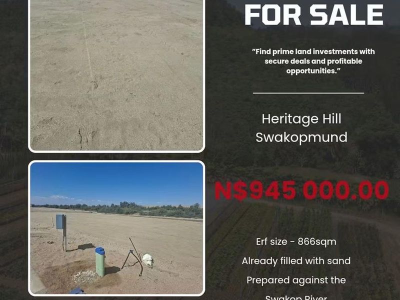 A vacant residential plot of 866sqm, filled with sand and prepared for development, located in Heritage Hill, Swakopmund.