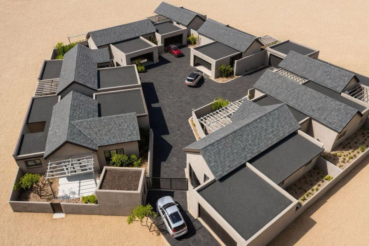 Aerial view of a modern townhouse complex featuring multiple units, paved central driveway, and private garage access.
