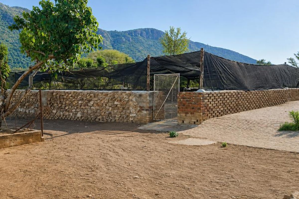 An outdoor utility or nursery area featuring a brick and stone perimeter wall, shade netting structure, and a metal access gate.