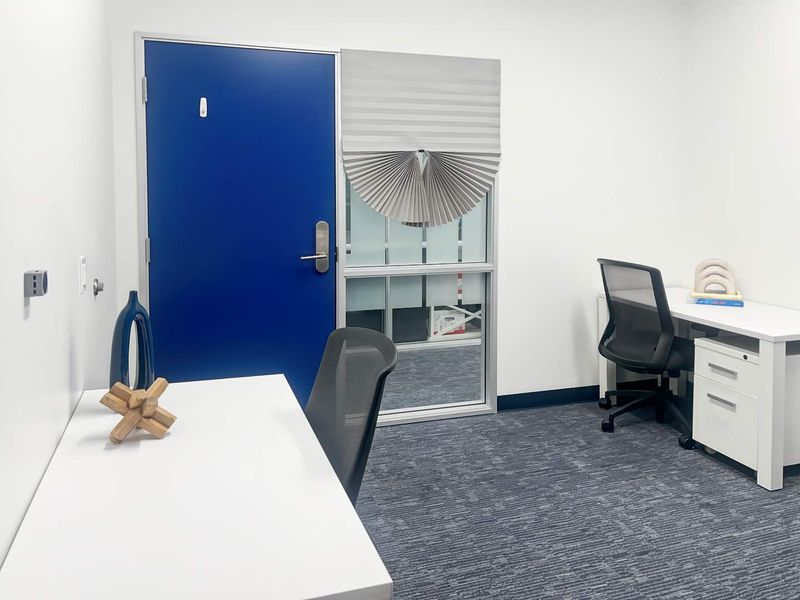 A clean, modern office space featuring blue accent door, carpeted flooring, and a glass sidelight window with a pleated blind.