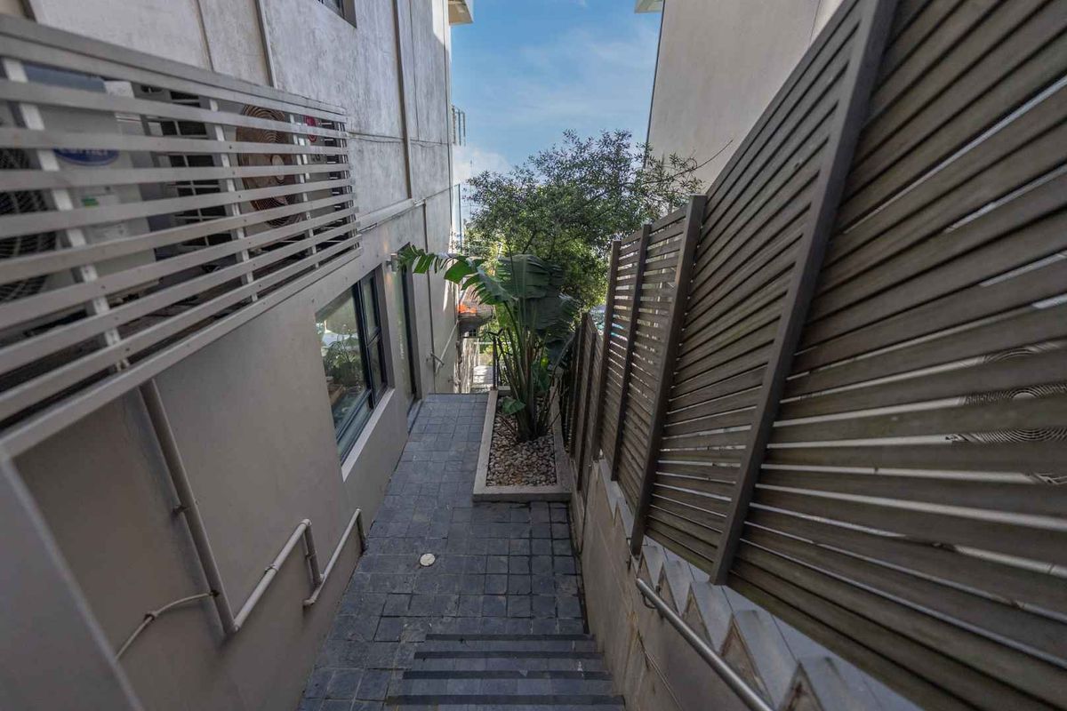A narrow paved side passage featuring a staircase, built-in planter box, and slatted privacy screening between two building structures.