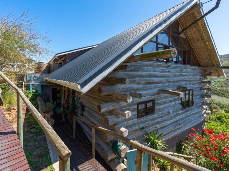 Rear view of a rustic log cabin featuring a metal roof, elevated timber decking, and surrounding natural landscape.