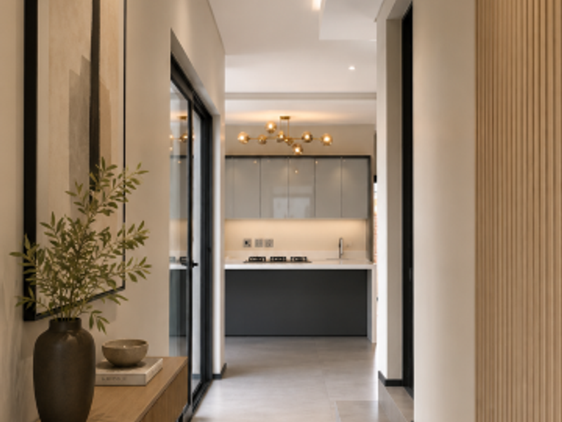 A modern, well-lit hallway featuring elegant timber slat wall paneling, sleek tiled flooring, and recessed lighting, leading towards an open-plan kitchen area.