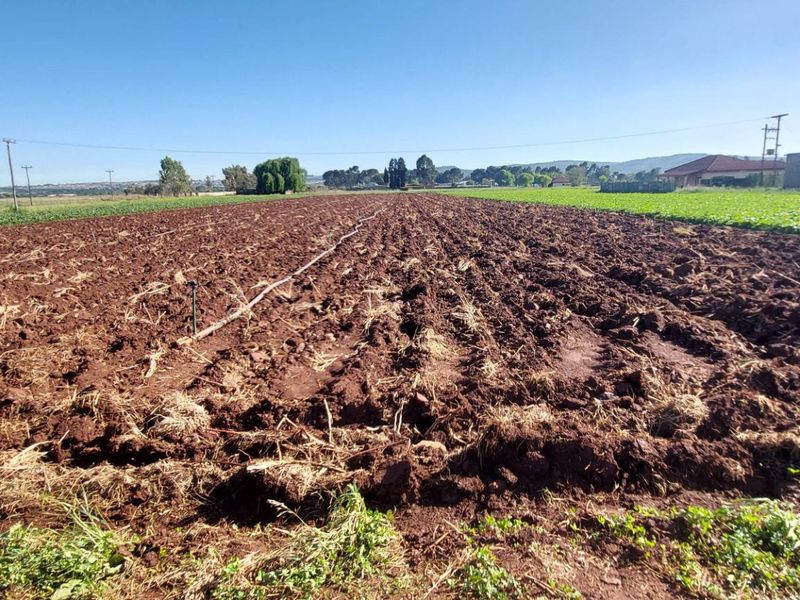 A wide view of a ploughed agricultural field on a farm, featuring irrigation infrastructure and open land.