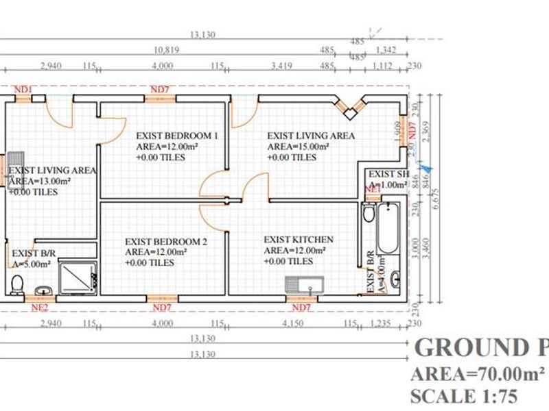 A detailed ground floor plan showing the layout of two bedrooms, two living areas, a kitchen, and two bathrooms with a total area of 70 square meters.