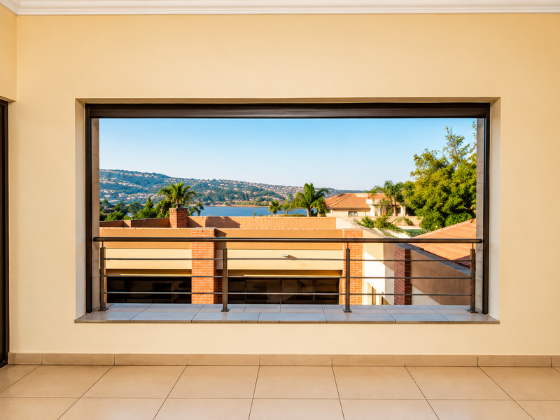 A bright, empty living space featuring large picture windows that frame scenic views of the surrounding neighborhood and distant landscape.