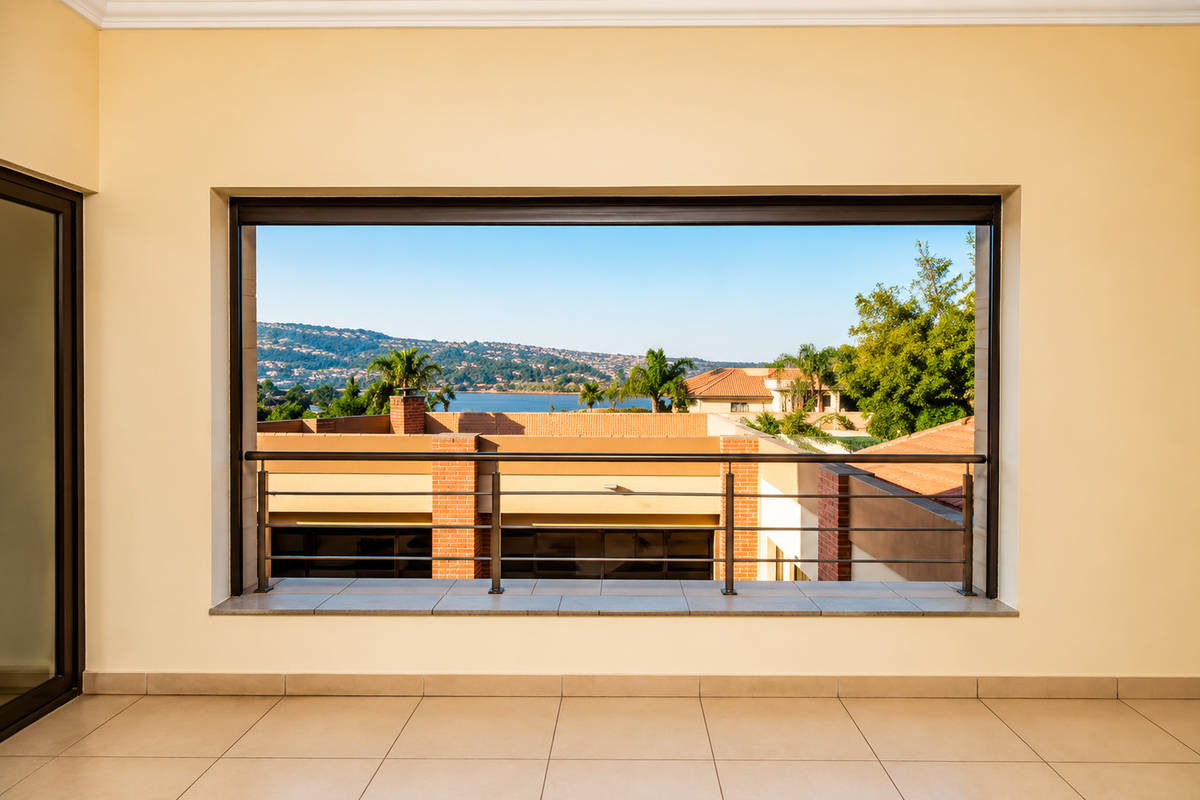 A bright, empty living space featuring large picture windows that frame scenic views of the surrounding neighborhood and distant landscape.