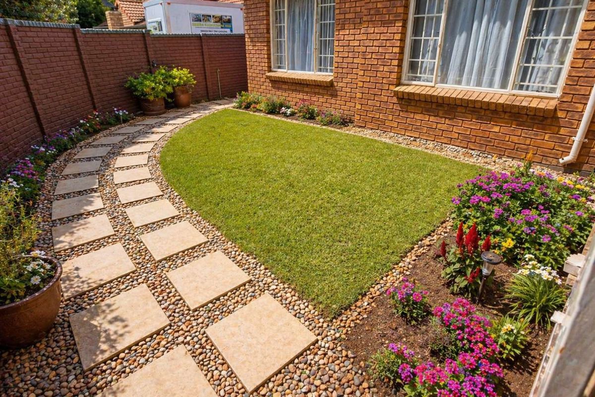 A well-maintained rear garden featuring a manicured lawn, stone paver pathway, and established flower beds adjacent to the brick townhouse exterior.