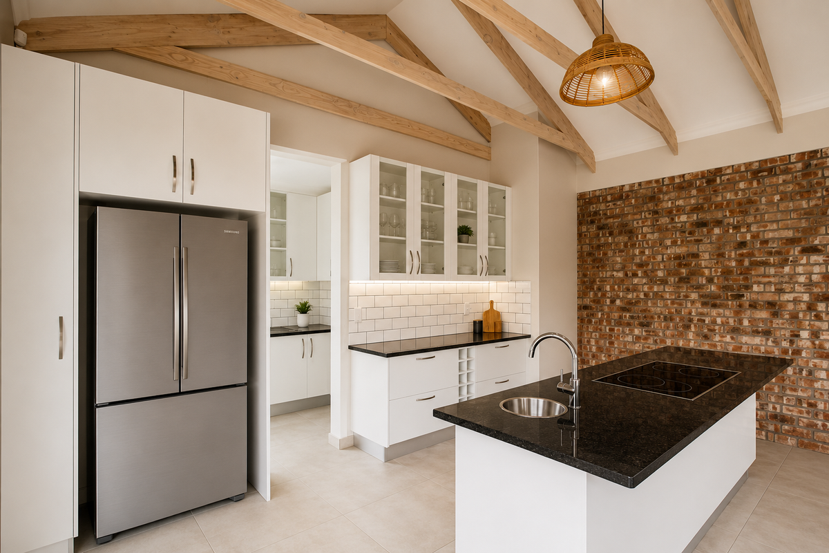 Modern kitchen featuring a central island with a cooktop, exposed timber ceiling beams, and a striking brick feature wall.