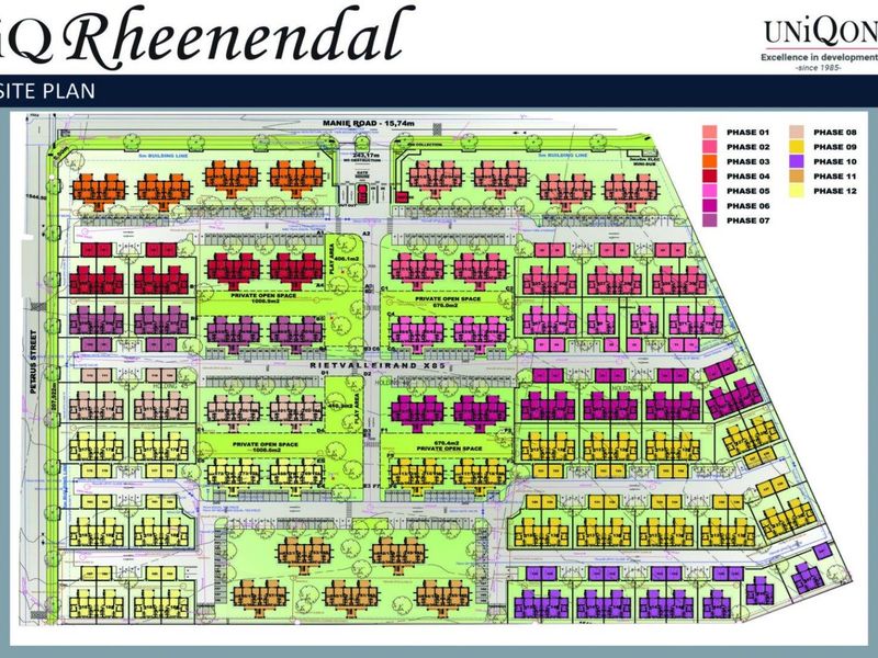 A comprehensive site plan for the iQ Rheenendal development, illustrating the layout of multiple townhouse phases, private open spaces, and road access.