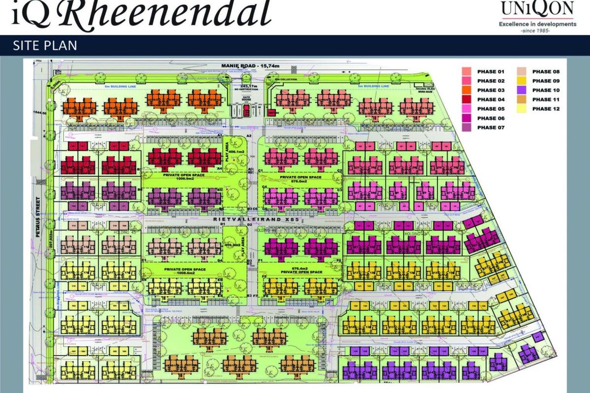 A comprehensive site plan for the iQ Rheenendal development, illustrating the layout of multiple townhouse phases, private open spaces, and road access.