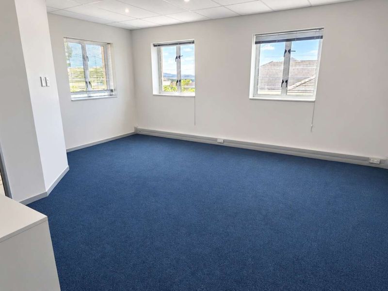 A bright, empty office space featuring blue carpeting, a suspended ceiling with recessed lighting, and a frosted glass partition wall.