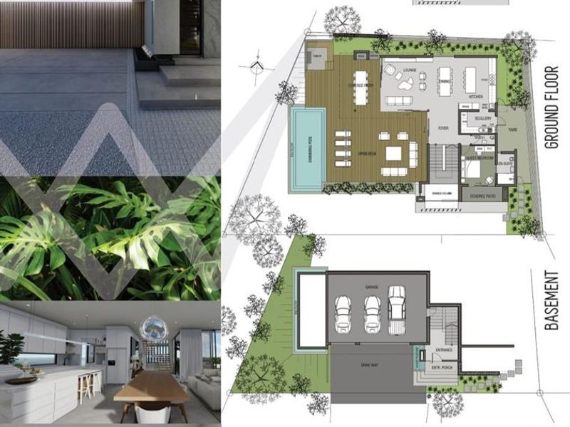 A promotional marketing collage featuring architectural floor plans, exterior facade views, and interior living spaces for a new property development.