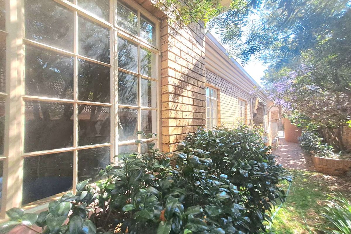 A view of the rear exterior of the townhouse featuring face brick walls, steel-framed windows, and a mature garden with a paved walkway.
