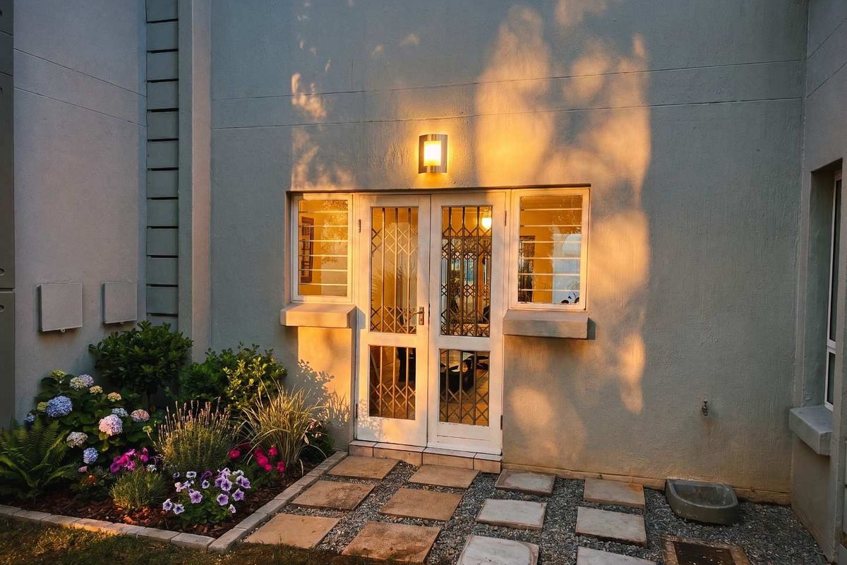 A well-maintained rear exterior view featuring a paved walkway, security gate, and exterior lighting, set against a clean building facade with landscaped garden beds.