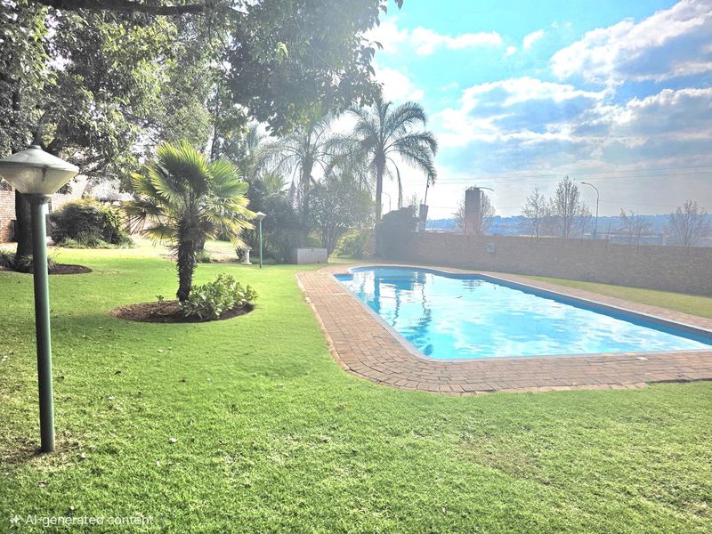 A well-maintained outdoor swimming pool area featuring brick coping, surrounded by a landscaped lawn and perimeter wall.