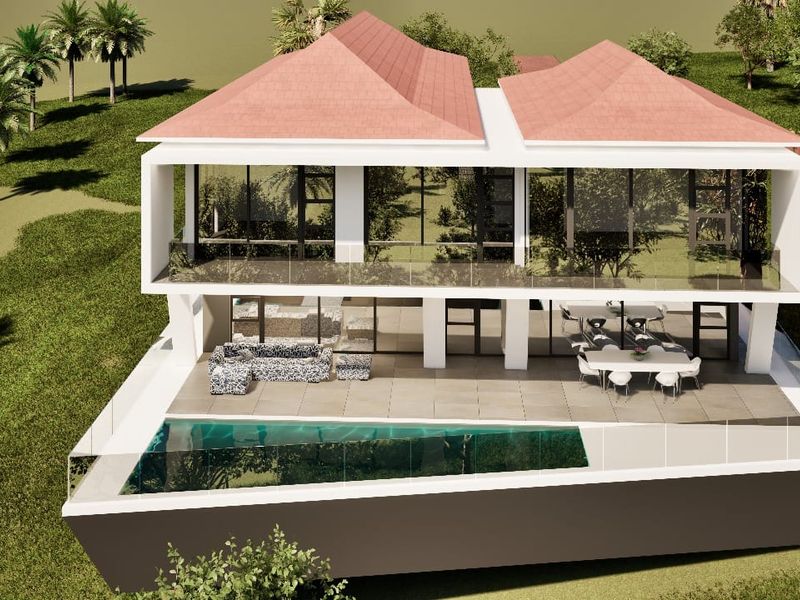 A modern architectural rendering of a two-story residential property featuring a rear patio, swimming pool, and extensive glass facade.