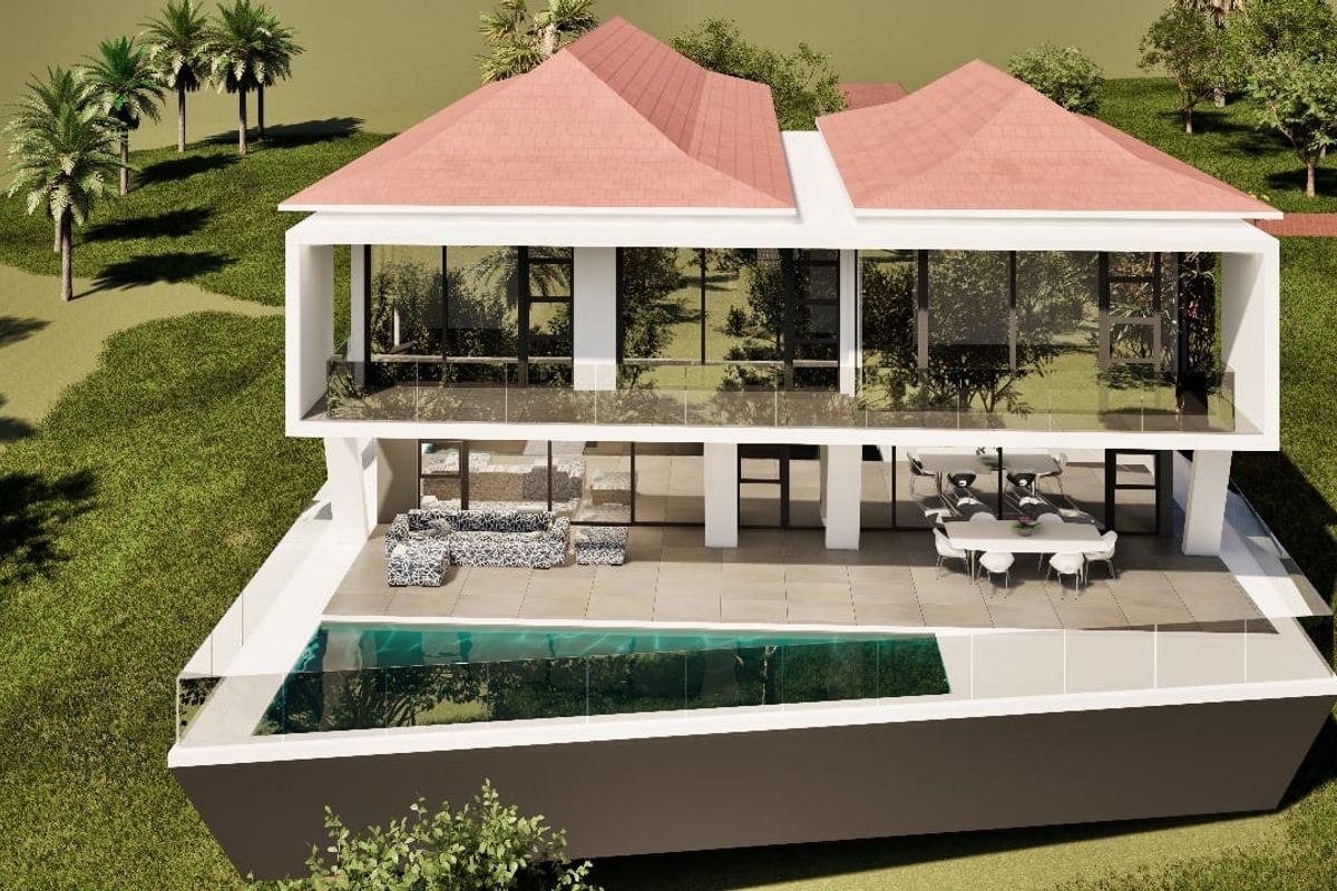 A modern architectural rendering of a two-story residential property featuring a rear patio, swimming pool, and extensive glass facade.