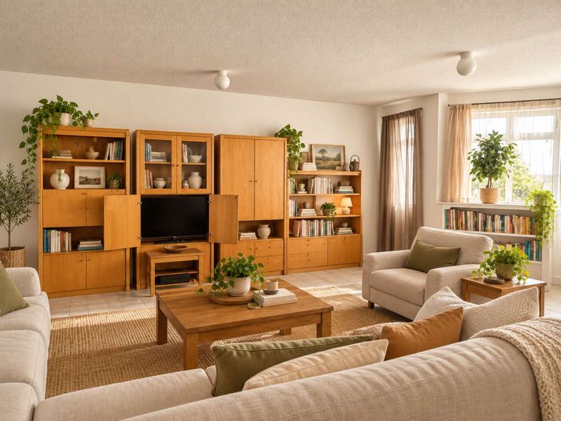 A comfortable living room featuring tiled flooring, large windows, and extensive built-in wooden cabinetry providing ample storage and display space.