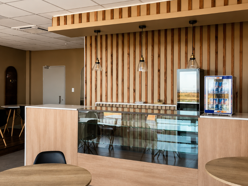 A modern retail service area featuring a glass display counter, timber slat wall accents, pendant lighting, and a suspended ceiling with tiled flooring.