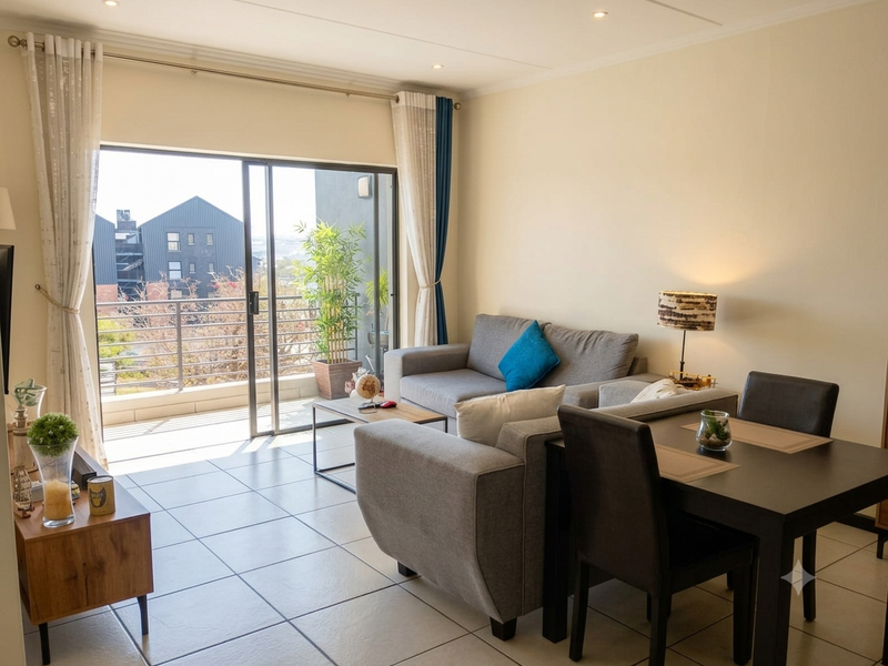 Bright open-plan living and dining area featuring tiled floors, recessed lighting, and large sliding doors leading to a private balcony.