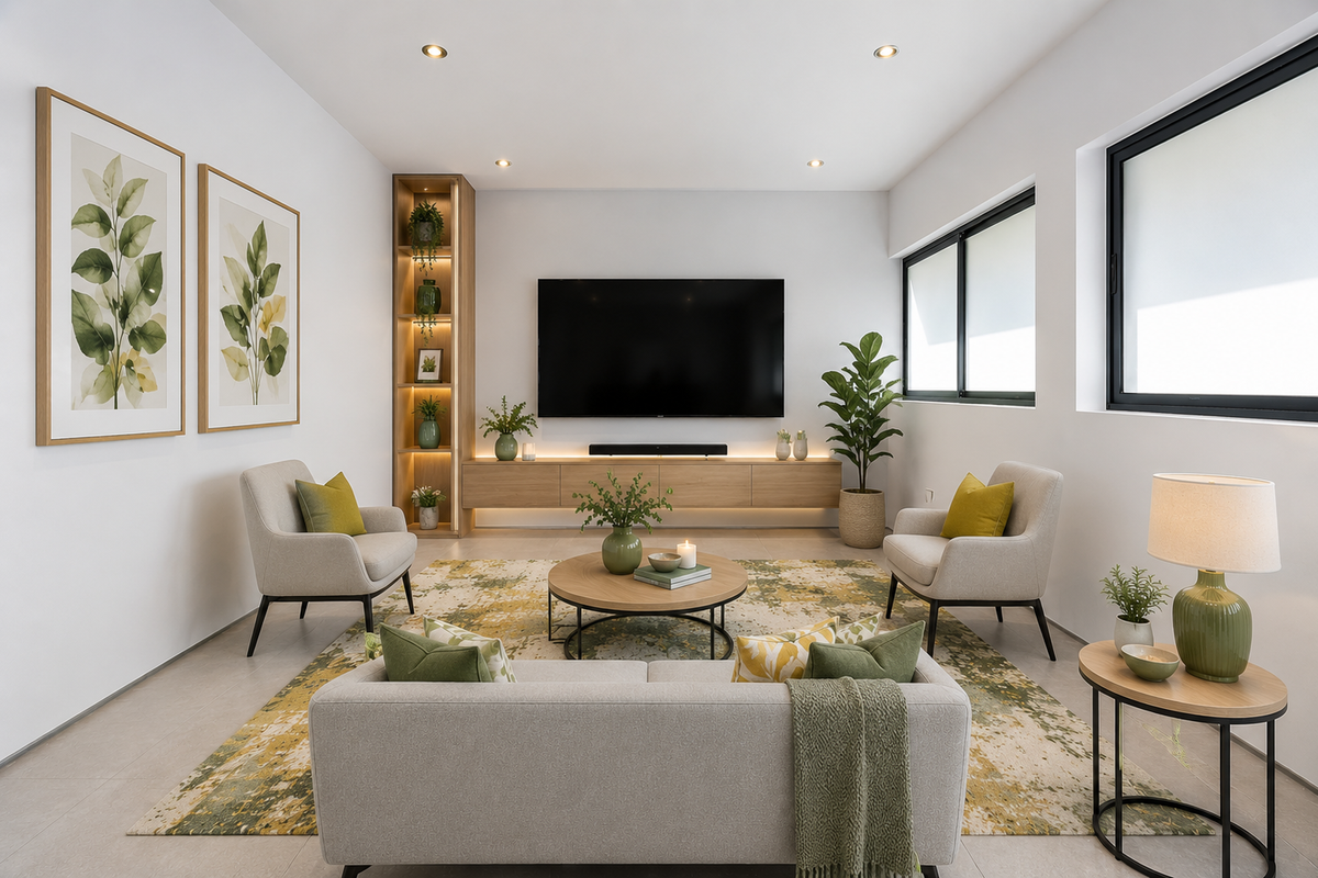 A modern, well-lit living room featuring a custom built-in timber media console, integrated shelving, and large black-framed windows with neutral tiled flooring.