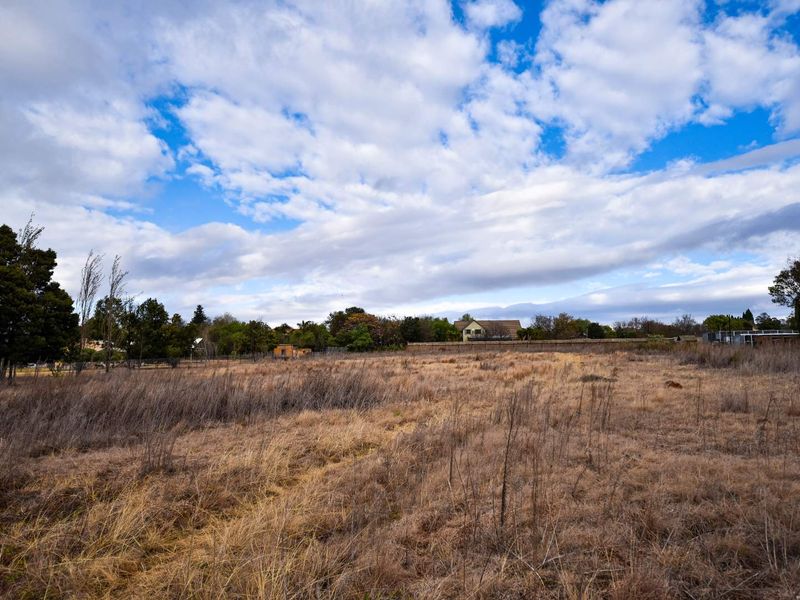A wide-angle view of a vacant residential plot featuring dry grass, perimeter fencing, and mature trees under a cloudy blue sky.