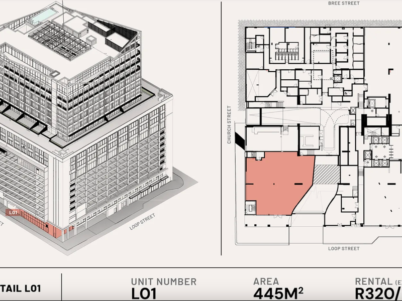 Architectural floor plan and isometric building view highlighting the L01 retail unit, detailing the layout and street-level positioning.
