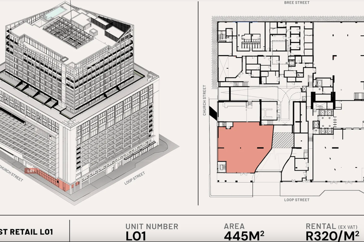 Architectural floor plan and isometric building view highlighting the L01 retail unit, detailing the layout and street-level positioning.