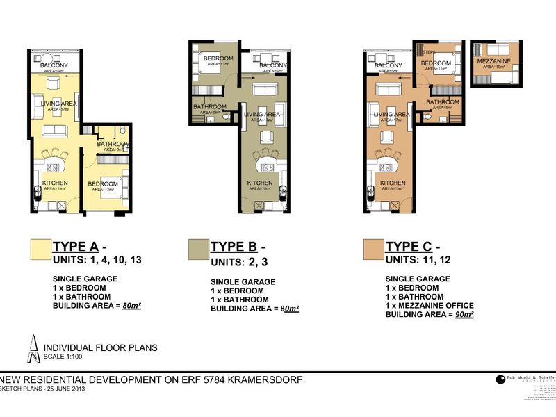 Architectural floor plans for residential apartment types A, B, and C, detailing layout, room dimensions, and unit specifications.