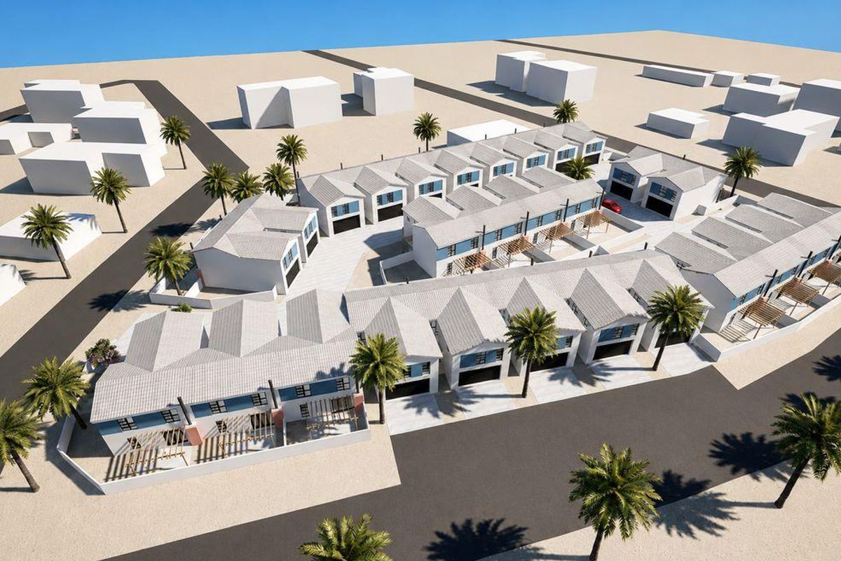 An aerial 3D render of a modern townhouse development featuring multiple units with pitched roofs, private driveways, and landscaped outdoor spaces.