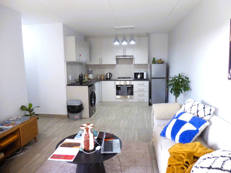 Modern open-plan living area featuring a well-equipped kitchen with built-in cabinetry, gas hob, oven, and extractor fan, seamlessly flowing into the lounge space.
