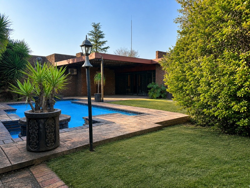 A well-maintained outdoor pool area featuring a paved deck, covered patio space, and established garden surroundings, ideal for outdoor relaxation and entertainment.