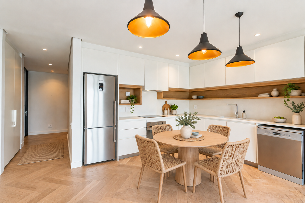 Modern open-plan kitchen featuring white cabinetry, timber shelving, herringbone flooring, and integrated stainless steel appliances, seamlessly connected to a dining area.