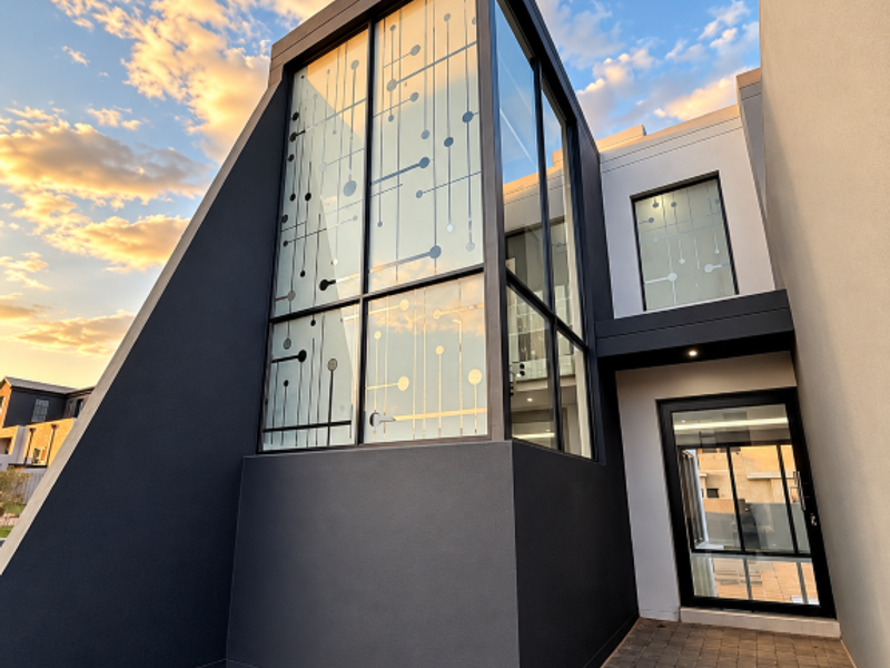 A striking modern architectural facade featuring a prominent glass tower with decorative film, clean lines, and a paved entrance area.
