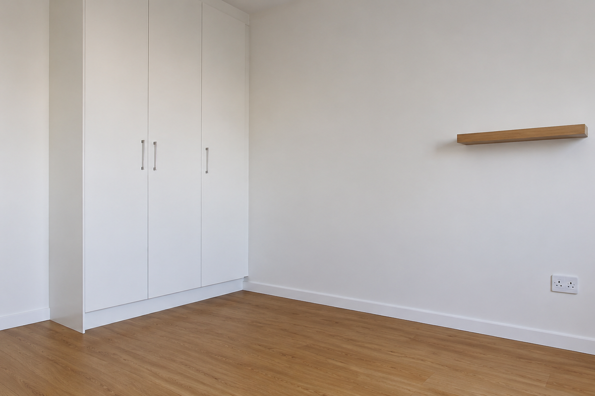 A clean, modern bedroom featuring light wood-look laminate flooring, built-in white cabinetry, and a minimalist floating shelf.