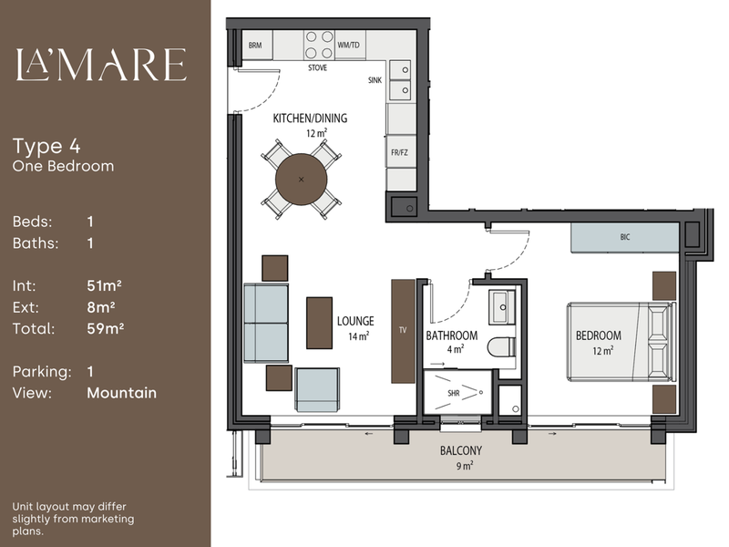 A detailed floor plan for a one-bedroom apartment unit, showcasing the layout of the kitchen, lounge, bathroom, bedroom, and balcony.