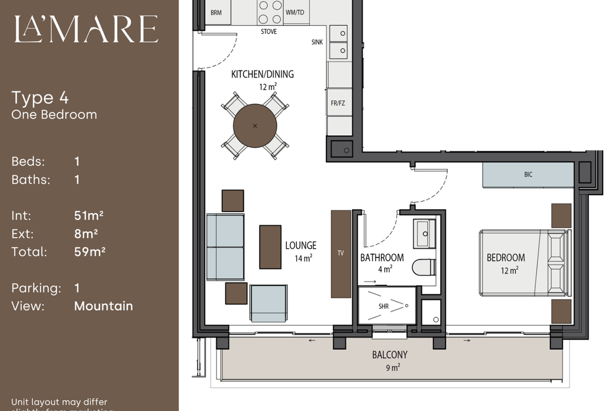 A detailed floor plan for a one-bedroom apartment unit, showcasing the layout of the kitchen, lounge, bathroom, bedroom, and balcony.