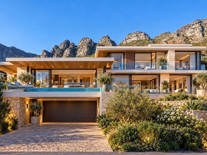 A luxury modern multi-level residence featuring a prominent swimming pool, stone facade, double garage, and expansive glass sliding doors set against a mountain backdrop.