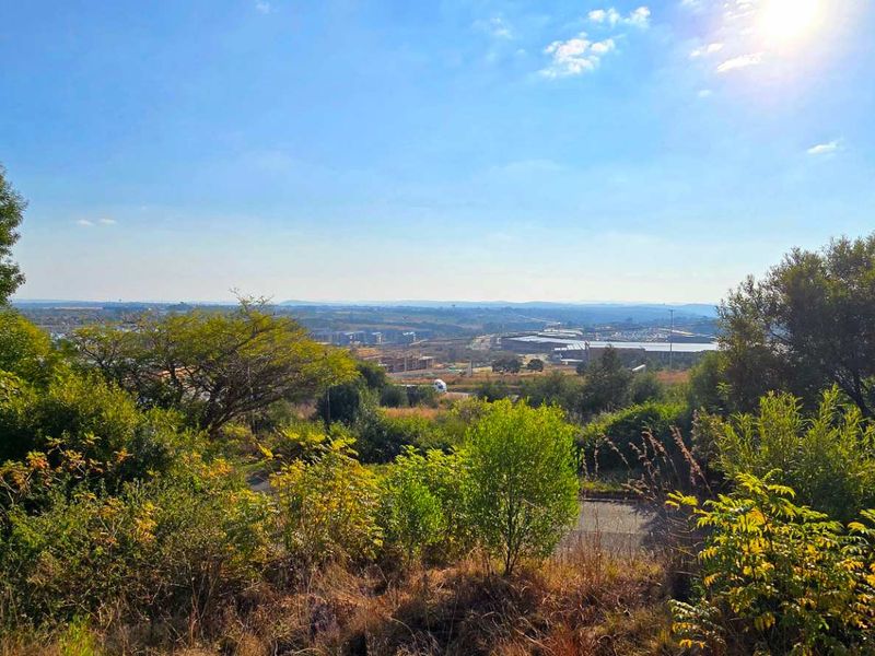 A scenic elevated view overlooking the surrounding landscape and neighborhood, featuring mature trees and natural vegetation.
