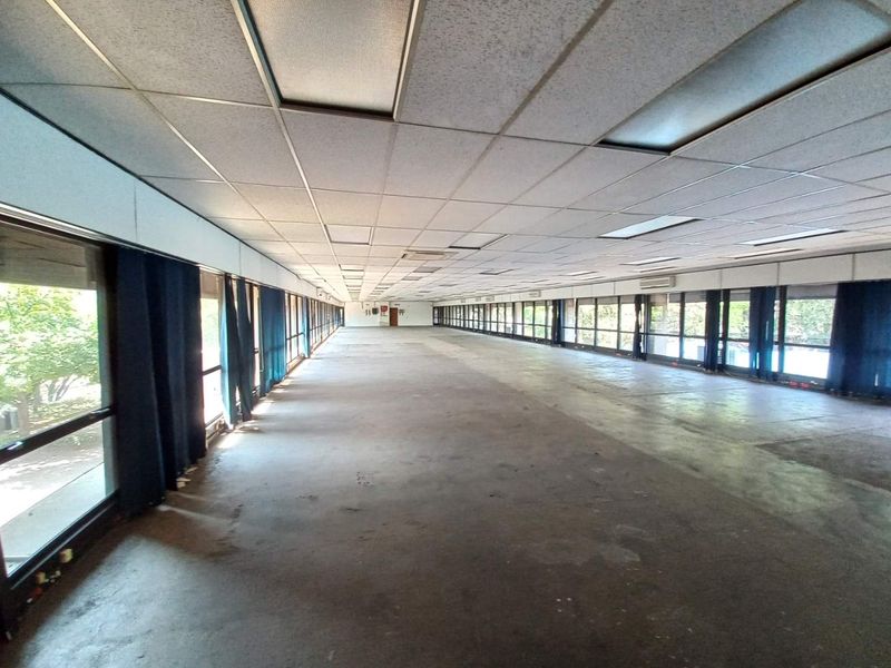 Expansive open-plan office space featuring floor-to-ceiling windows, suspended acoustic ceiling tiles, and extensive natural light, ready for custom fit-out.