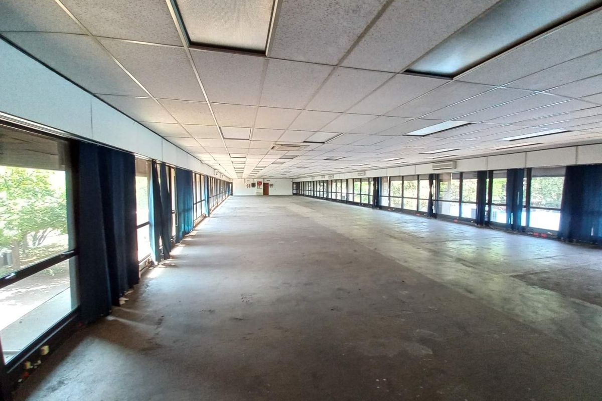 Expansive open-plan office space featuring floor-to-ceiling windows, suspended acoustic ceiling tiles, and extensive natural light, ready for custom fit-out.