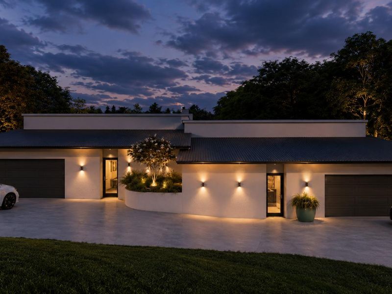 Modern single-story residence featuring a double garage, concrete driveway, and elegant exterior wall lighting at dusk.