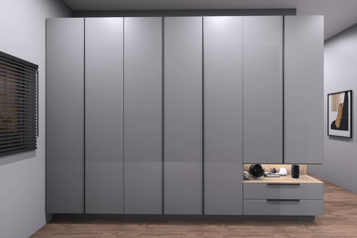 A modern bedroom featuring floor-to-ceiling built-in grey cabinetry with integrated shelving, drawers, and wood-tone accents, complemented by timber-look flooring.