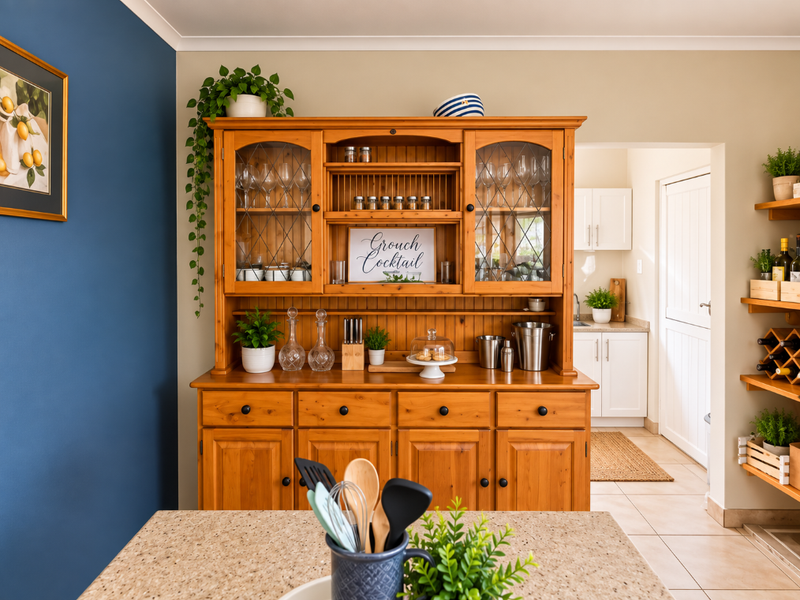 A well-maintained kitchen area featuring a classic wooden hutch, granite countertops, and open shelving, with a view into the adjacent scullery area.