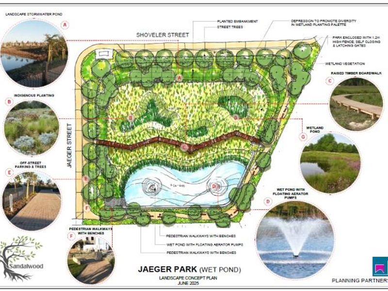 Landscape concept plan for Jaeger Park, featuring a wet pond, raised timber boardwalk, pedestrian walkways, and indigenous planting areas.